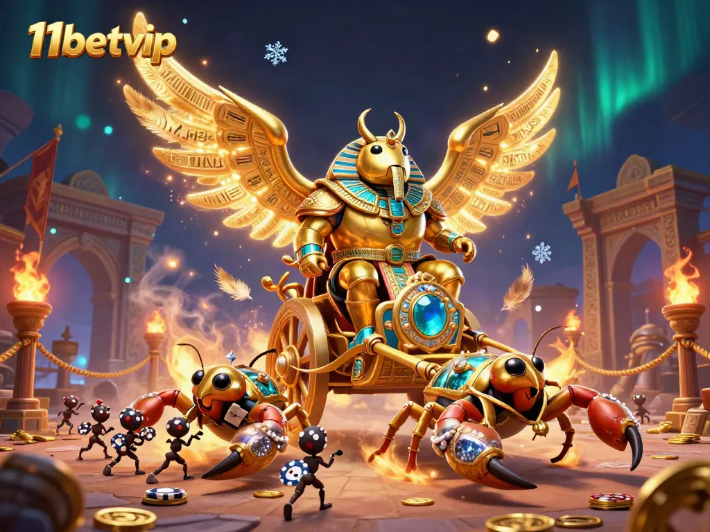 Engage with the thrilling world of 11betvip through a dynamic gaming scene featuring a colossal scarab in a chariot.