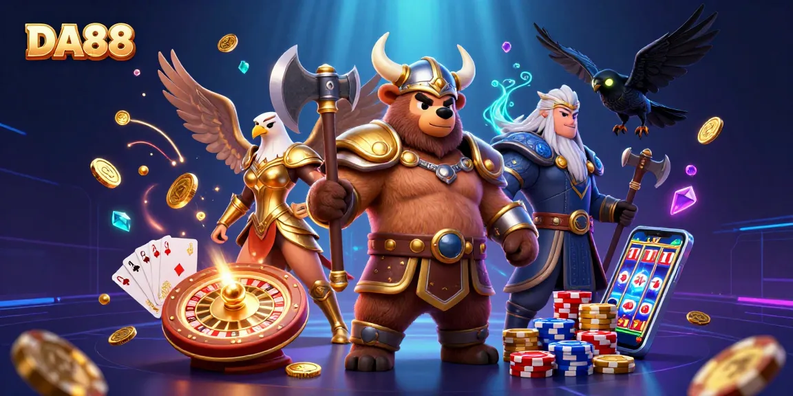 Engage with DA88's thrilling 3D scene featuring dynamic gaming elements and vibrant characters.
