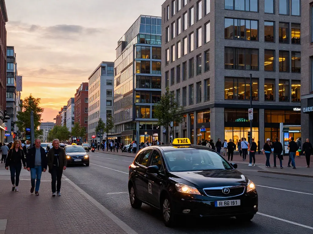 Taxi Rotterdam op een drukke straat met moderne architectuur en levendige stadssfeer in Rotterdam.