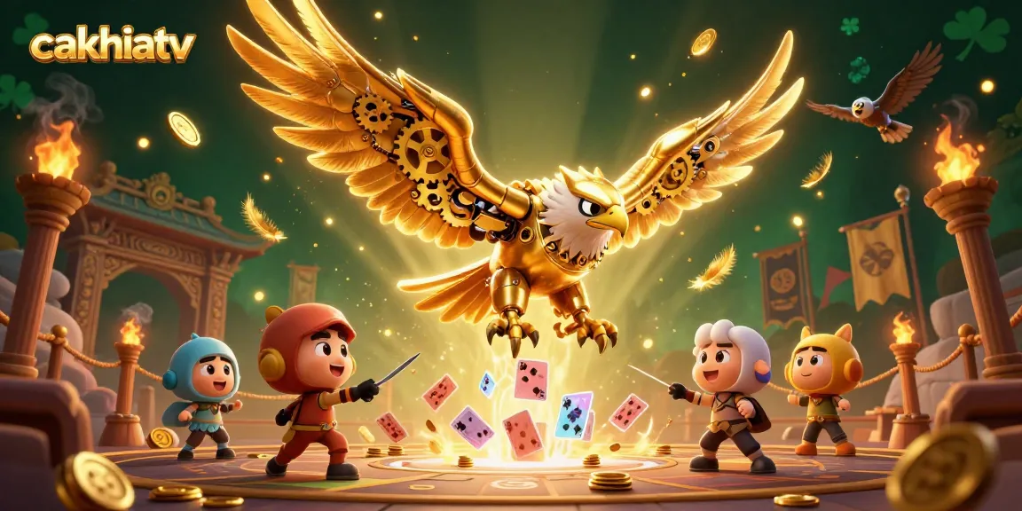CakhiaTV showcases a vibrant 3D scene with a cybernetic eagle soaring through dynamic casino elements.