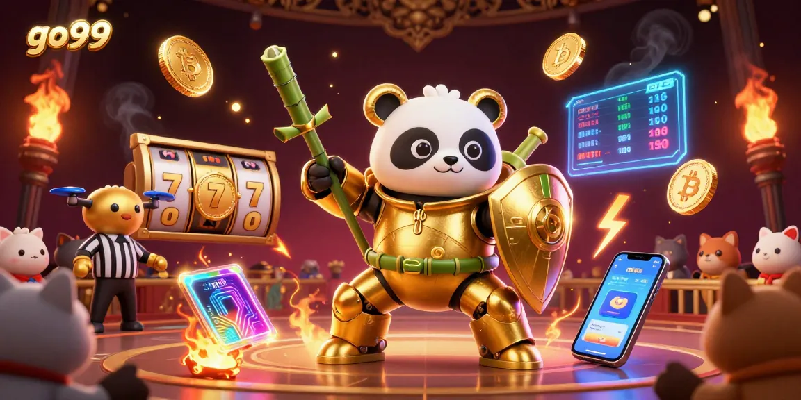 Engage in thrilling slot action with go99, featuring a golden panda and a dynamic bamboo robot in a vibrant casino arena.