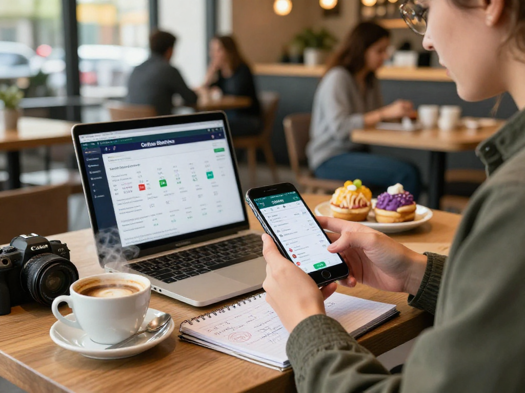 Engaging with the http://oxbet-app.com betting application in a vibrant coffee shop setting, emphasizing technology and social interaction.