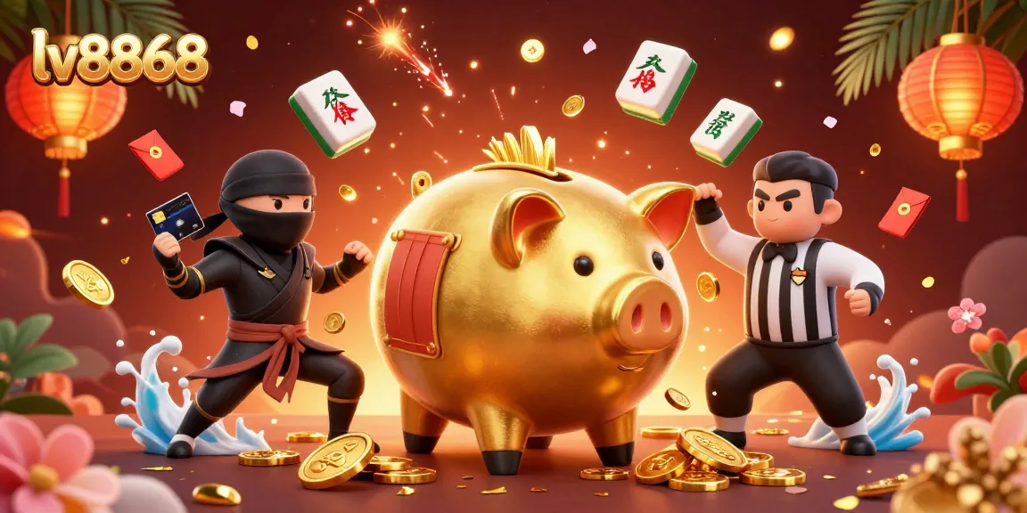 Engage in epic gaming at lv8868 with a powerful golden piggy bank sumo wrestler amidst colorful casino elements.