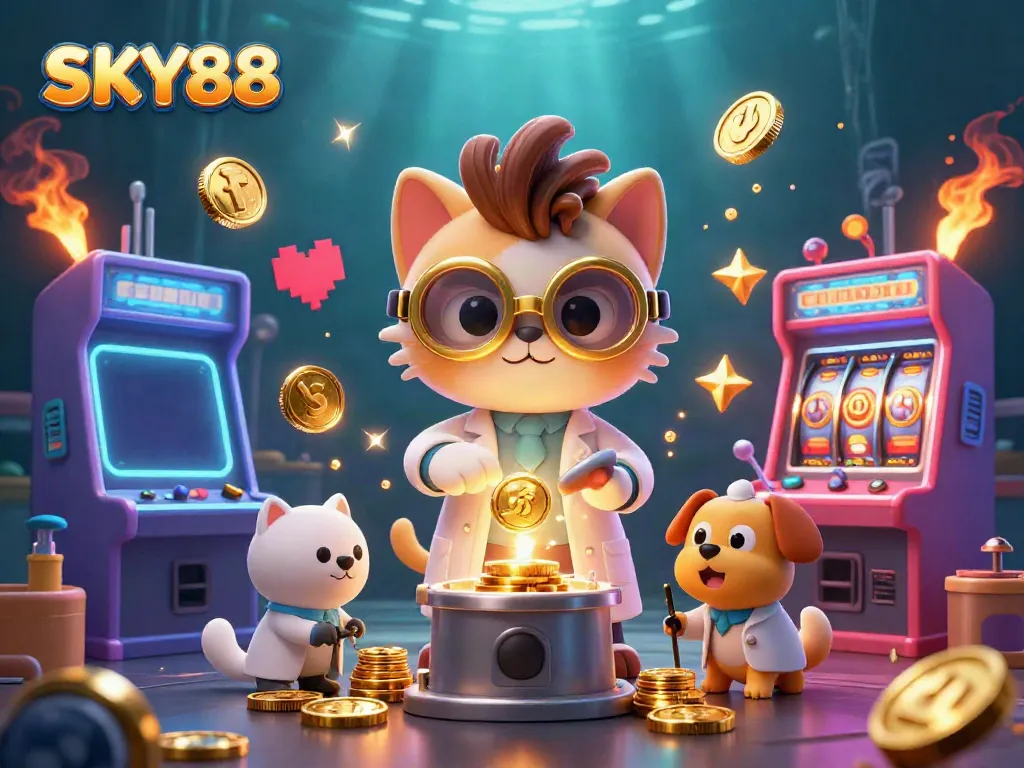SKY88 cartoon scene illustrating a mad scientist cat and dog creating a gold-coin machine amidst vibrant casino elements.