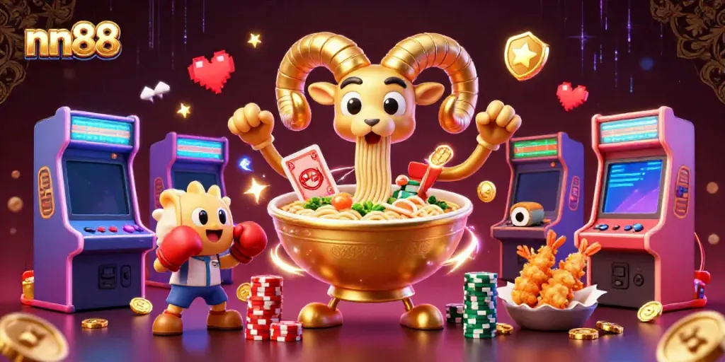 nn88 casino illustration featuring a giant ramen bowl dealer, gyoza sidekick, and vibrant arcade machines.