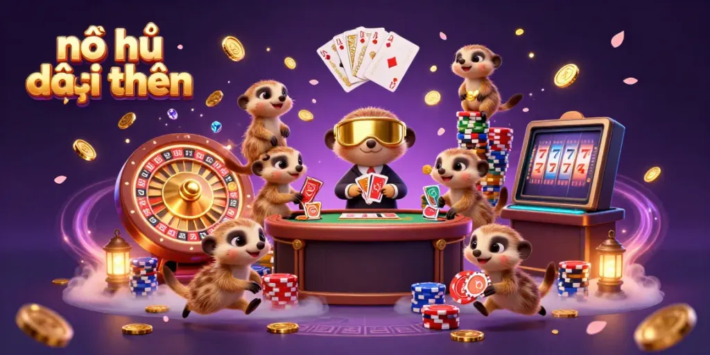 Engage in the excitement of nổ hũ đổi thưởng with colorful meerkats in a vibrant casino scene.