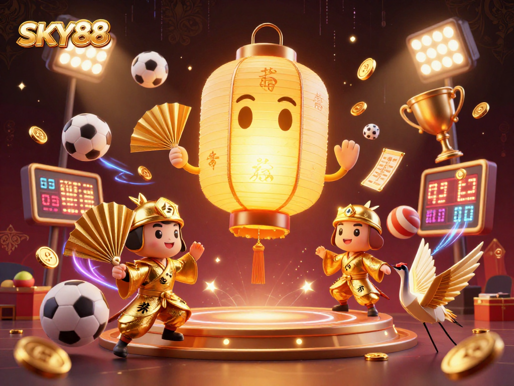 Experience the dynamic energy of SKY88 with a vibrant 3D illustration showcasing casino lottery themes.