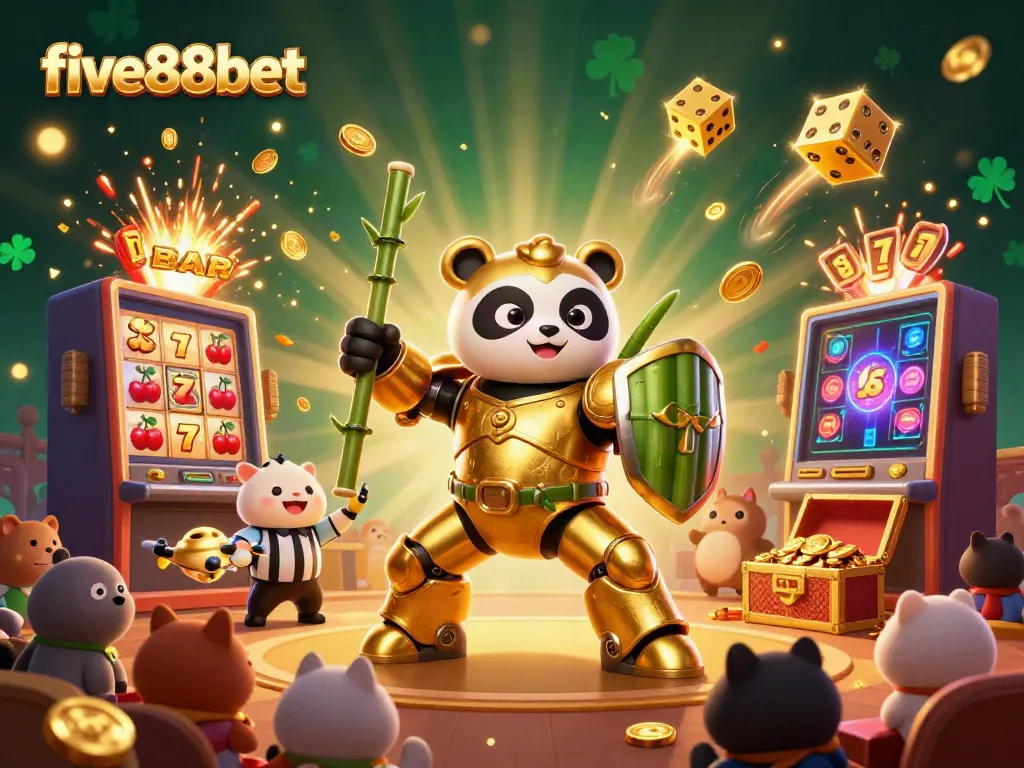 Experience the excitement of five88bet with a golden panda mech battling in a jackpot explosion arena.