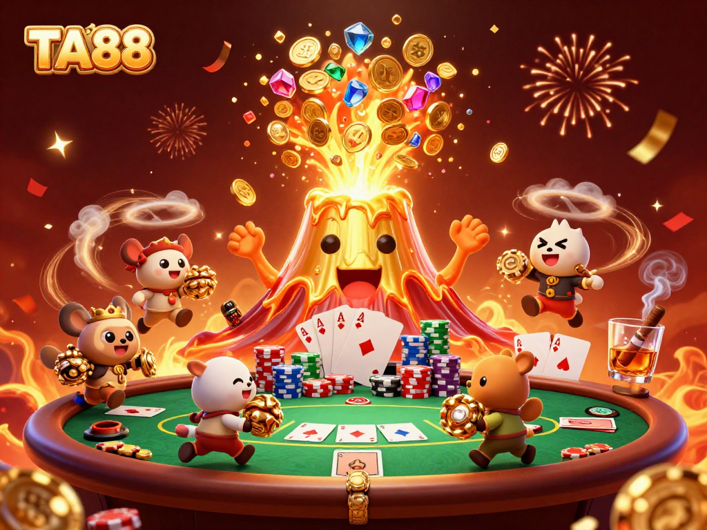 TA88 showcases a lively casino scene with a jubilant volcano, poker elements, and treasure