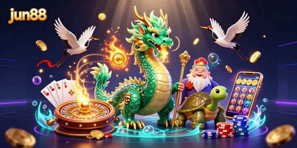 Engage with jun88's vibrant casino atmosphere featuring a majestic jade dragon and cascading coins.