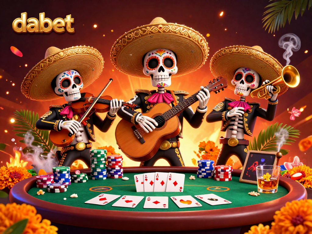 DABET invites players to experience vibrant online gaming with a lively mariachi scene surrounded by poker elements and colorful decorations.