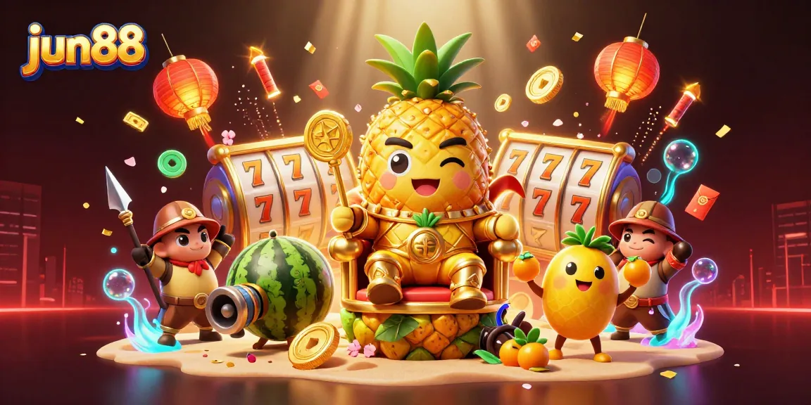 Experience the excitement of jun88 with a vibrant casino scene featuring a golden pineapple king