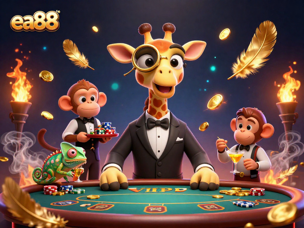 Experience thrilling gaming action with the ea88 high-roller giraffe at a lavish poker table.