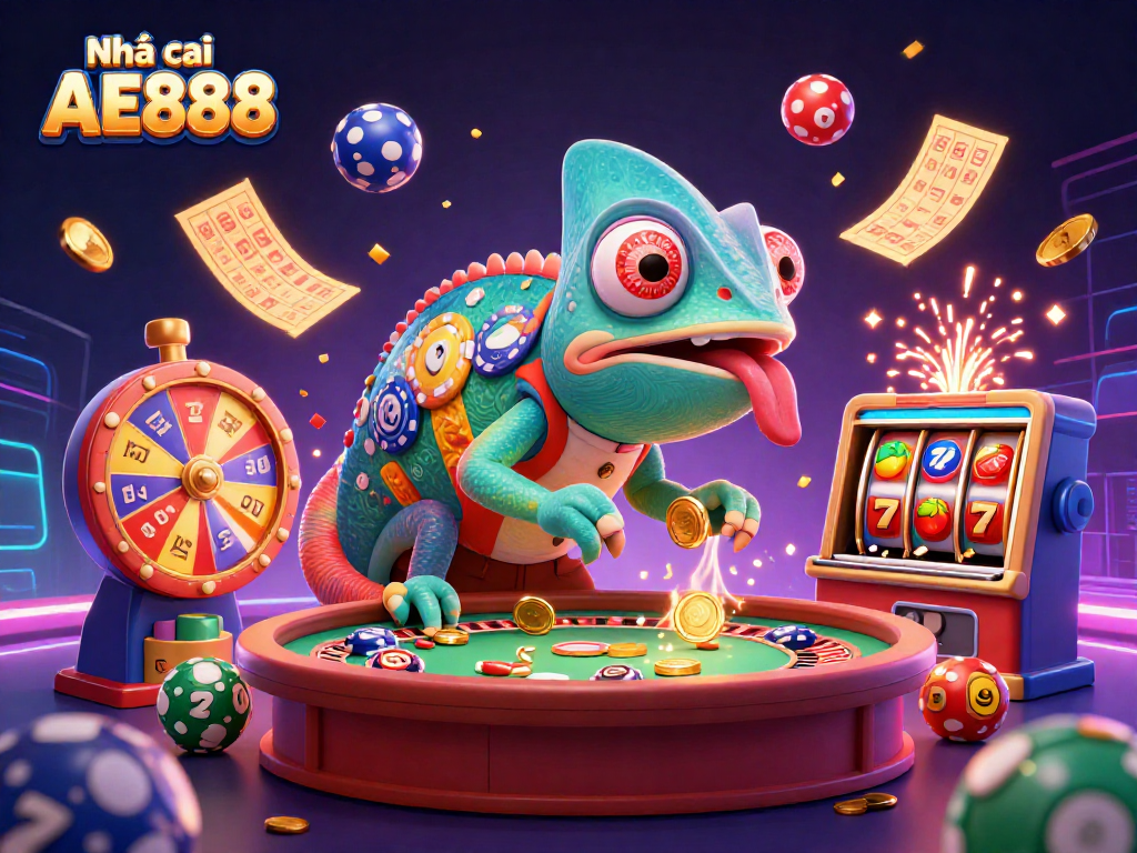 Engage with Nhà cái AE888 through a lively 3D casino illustration featuring a vibrant chameleon owner.