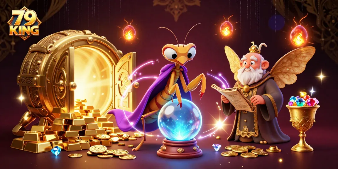 Engage with 79 KING's vibrant casino scene featuring mystical characters and a treasure-filled backdrop.