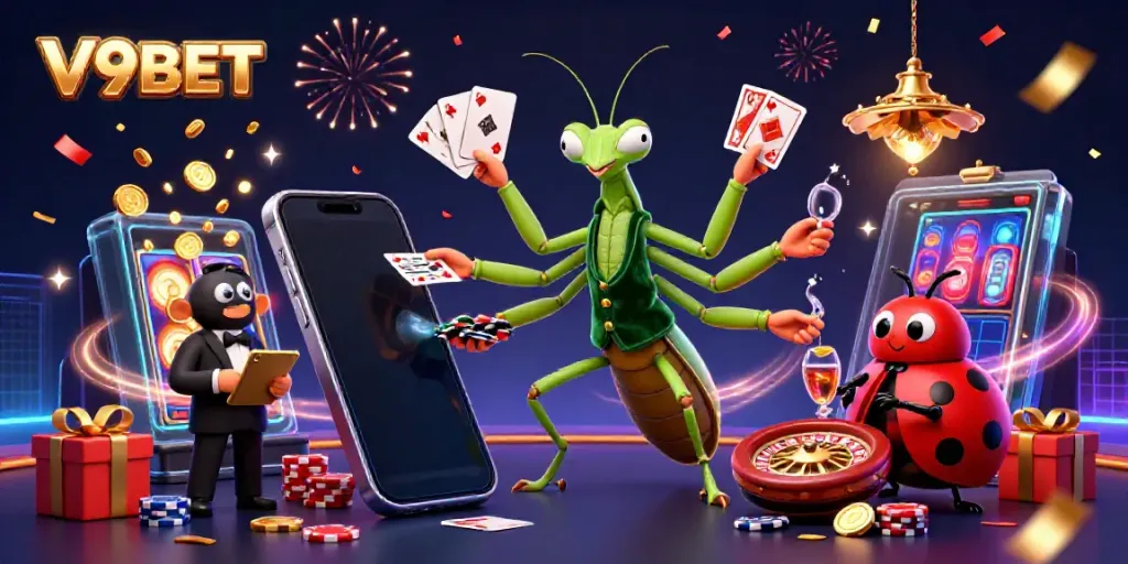 Experience exciting slots with V9BET in a vibrant casino scene filled with dynamic gaming elements.