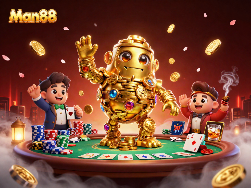 Engage in thrilling gameplay with Man88's ultra-detailed casino scene featuring a golden golem and poker elements.