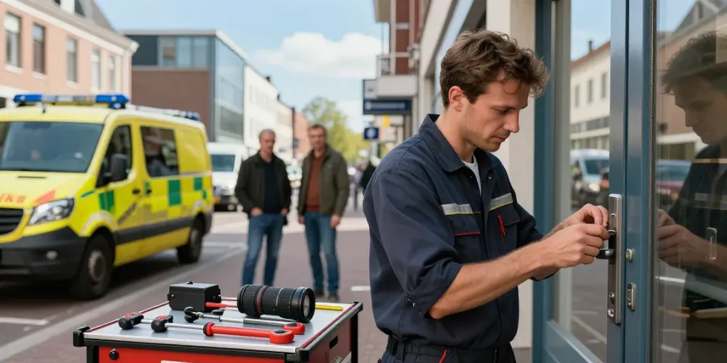 Slotenmaker in Arnhem werkt snel en professioneel aan een deur met gereedschap in de buurt.