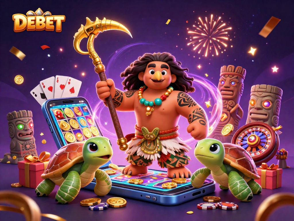 Engage with DEBET's vibrant casino world featuring a hawk demigod, slot games, and rich gaming symbols.