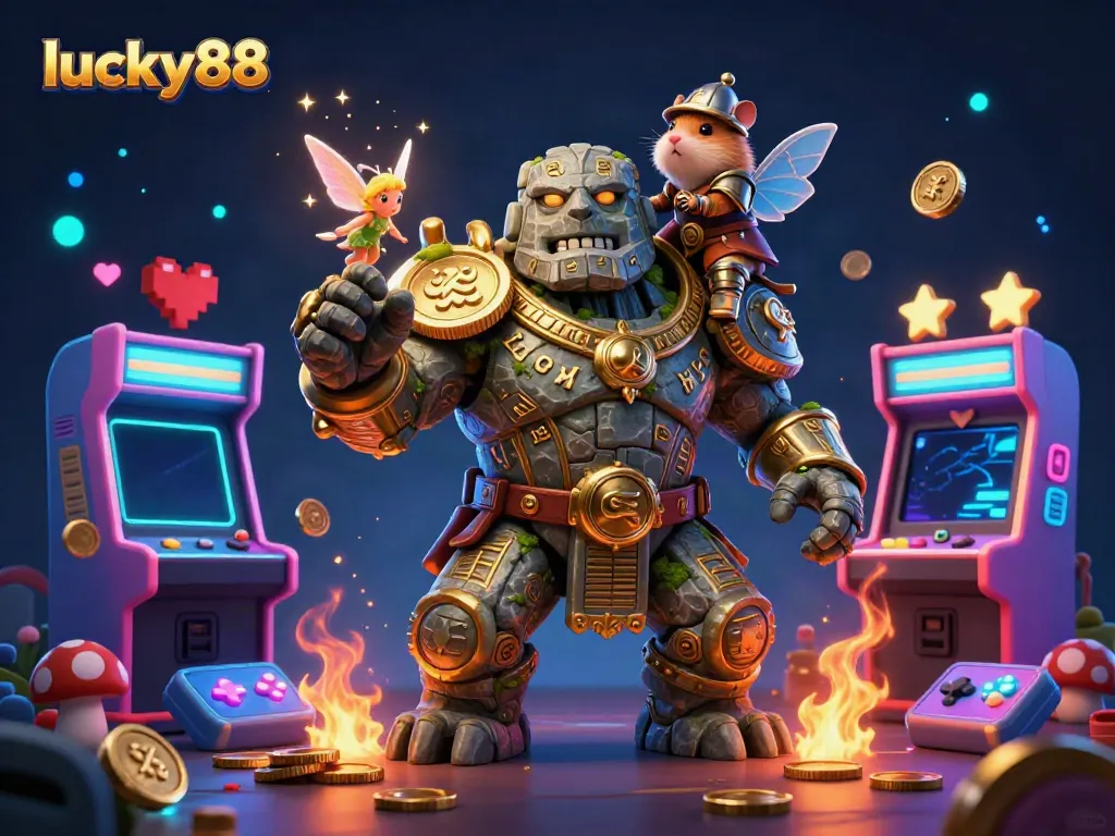 Experience excitement with lucky88's vibrant 3D scene featuring magical characters and casino elements.