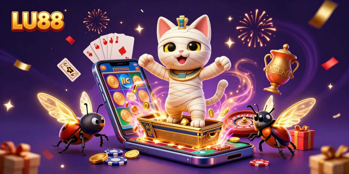Experience LU88's vibrant casino world with a mummy cat and scarab, amidst glowing slot games.