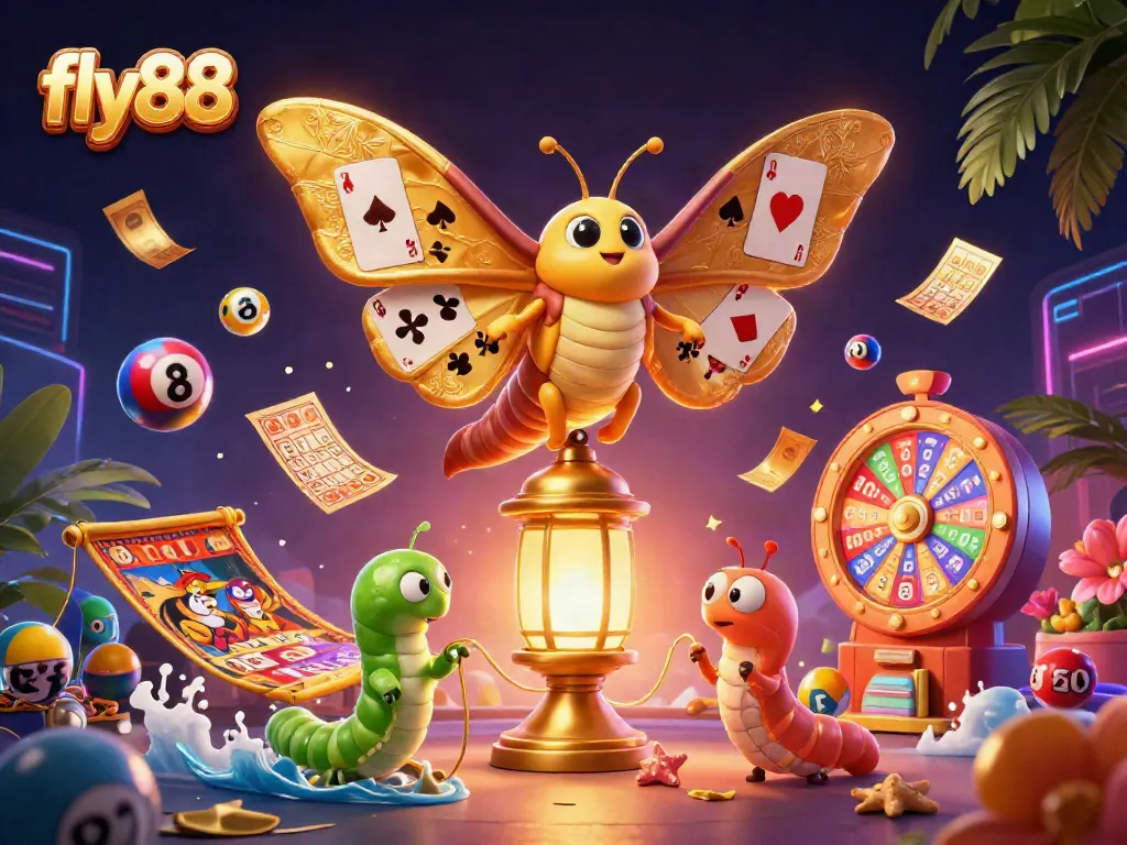 Experience the excitement of fly88 with festive lottery elements, dynamic casino motifs, and vibrant colors in this engaging illustration.