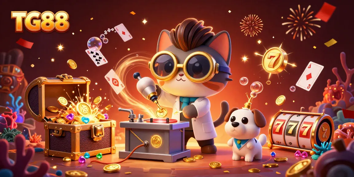 Experience the thrill of TG88 with mad scientist characters creating jackpots and gold coins in a vibrant casino world.