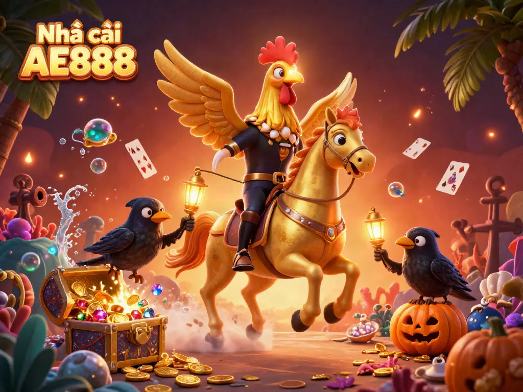 Engage with the thrilling scene featuring Nhà cái AE888, a golden rooster and spectral horse in a vibrant casino atmosphere.