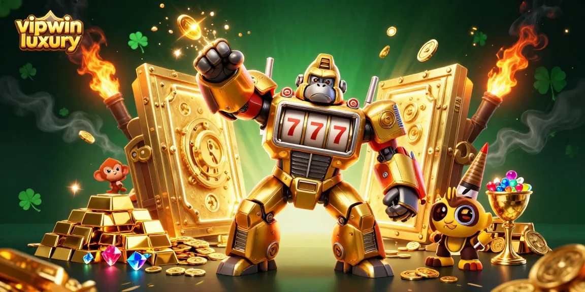 Engage in action at vipwin luxury with a dynamic scene showcasing a golden gorilla mech bursting with treasures.