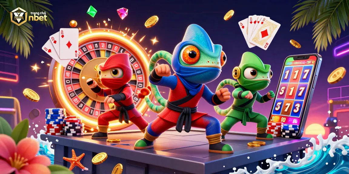 Engage in vibrant casino action with trang chủ nbet's chameleon ninjas amidst flying gems and coins.
