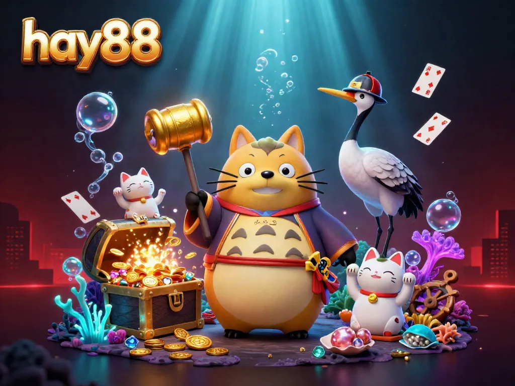 Boost your gaming luck with hay88's vibrant casino-themed 3D illustration featuring cheerful characters and festive elements.