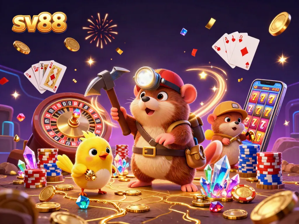 Experience thrilling wins with sv88 in a vibrant casino-themed 3D illustration featuring treasures and games.