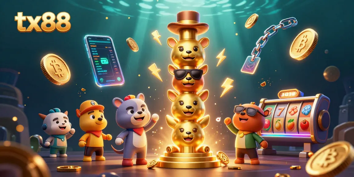 Experience the vibrant world of tx88 with a dynamic 3D casino illustration showcasing thrilling slot games and crypto elements.