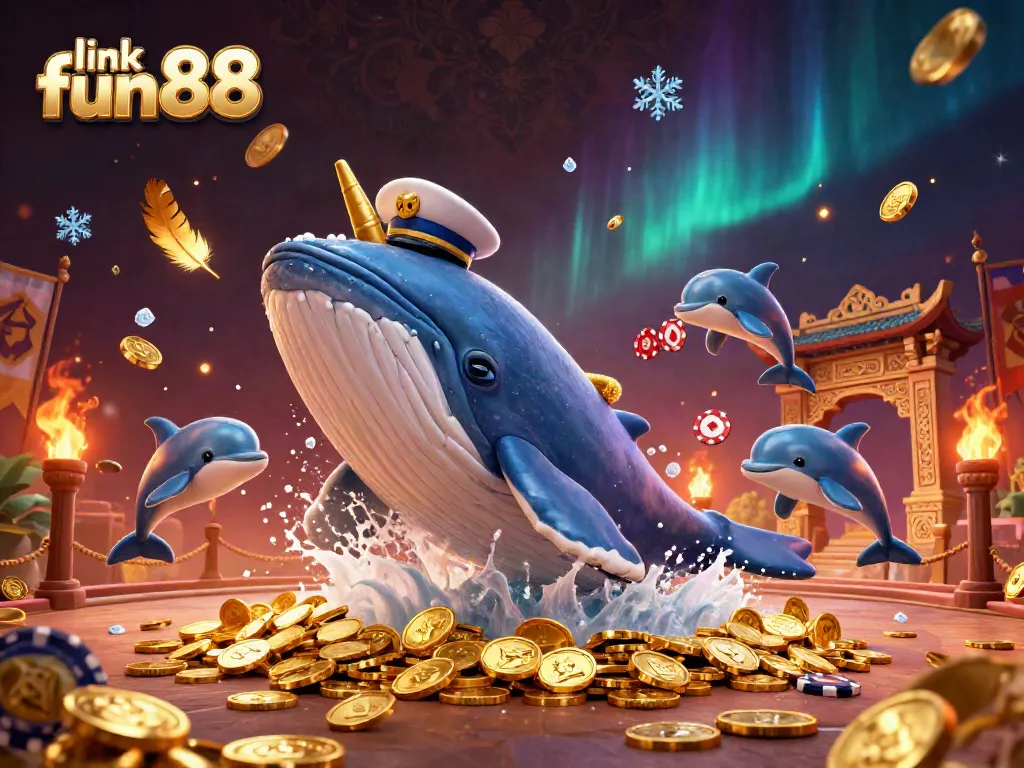 Experience thrilling gameplay with an engaging link fun88 scene featuring a whale, narwhal, and dolphins amidst casino elements.
