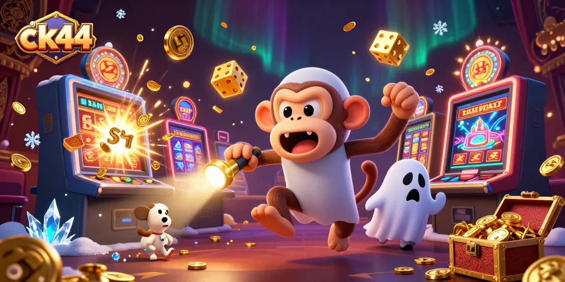 ck44 juggles golden casino coins and chips, exciting players in a vibrant casino atmosphere.