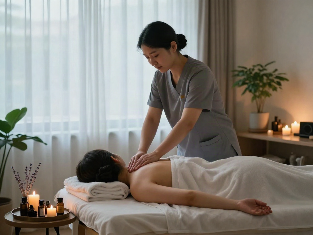 Experiencing a calming 파주출장마사지 in a serene studio setting with soft lighting.