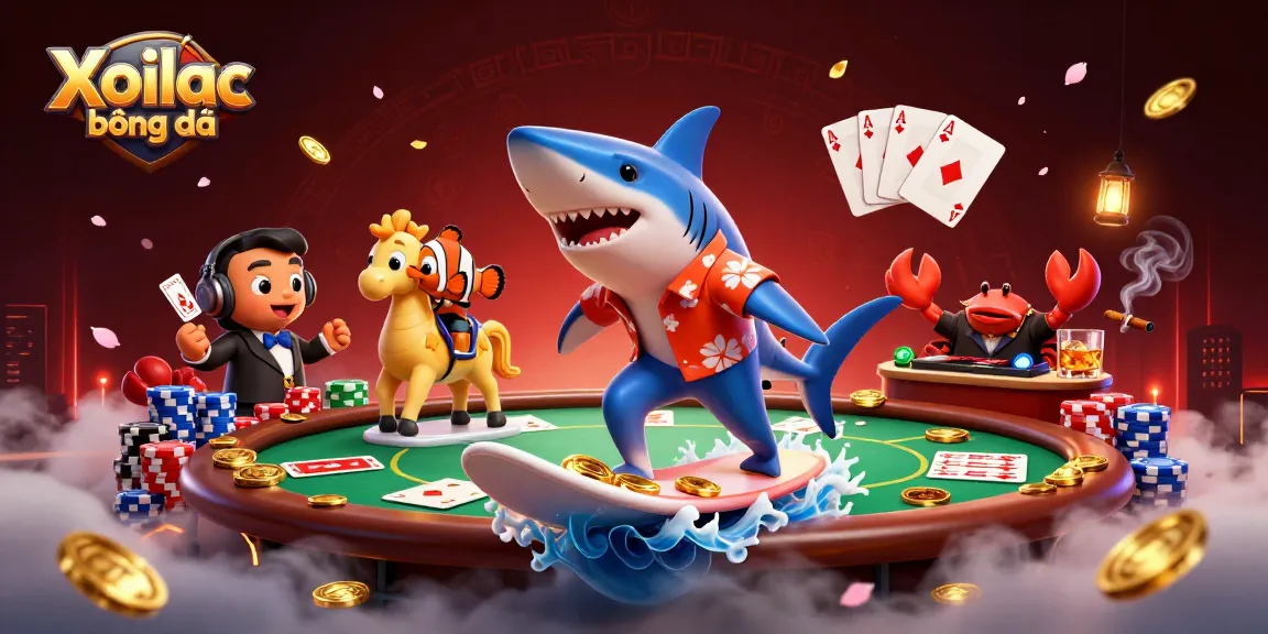 Xoilac bóng đá showcases a dynamic scene with a shark surfing on coins, enhancing online casino excitement.