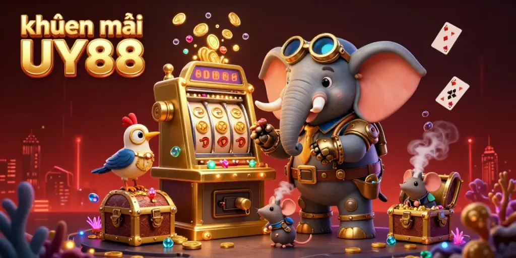Experience exciting khuyến mãi UY88 with a colorful 3D illustration of a steampunk elephant at a casino.