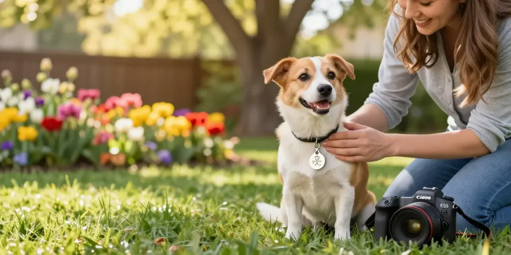 Gepersonaliseerde hondenlabel aan de halsband van een blije hond in bloeiende tuin