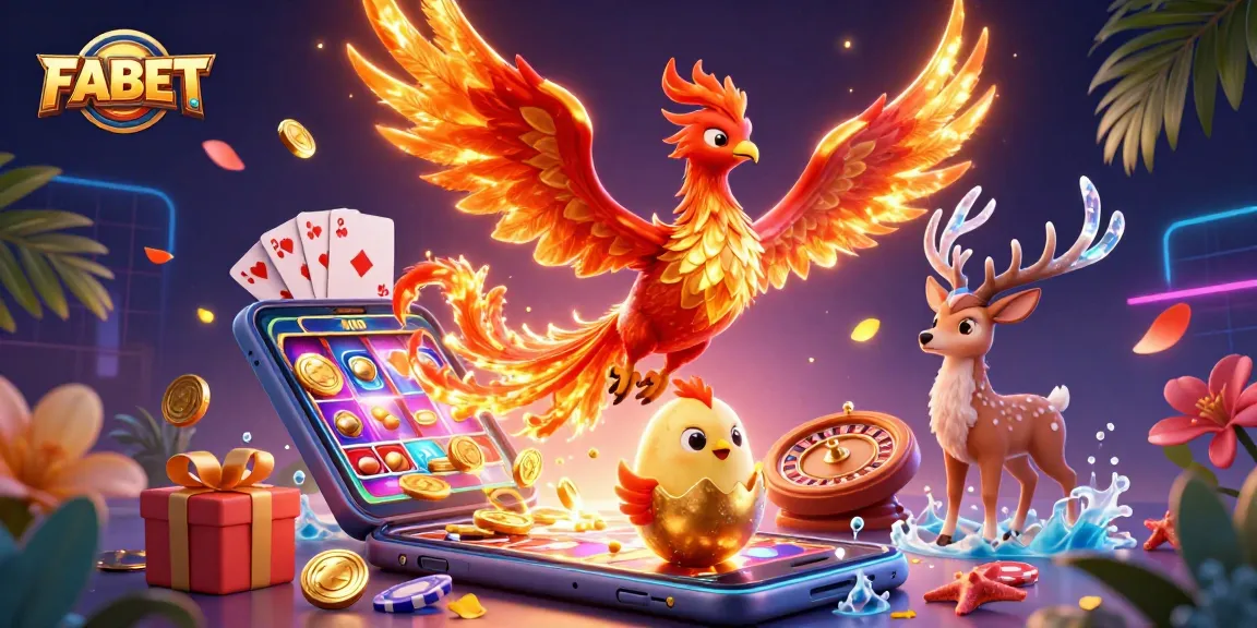 Experience FABET with vibrant 3D phoenixes surrounded by colorful slot games and casino elements.