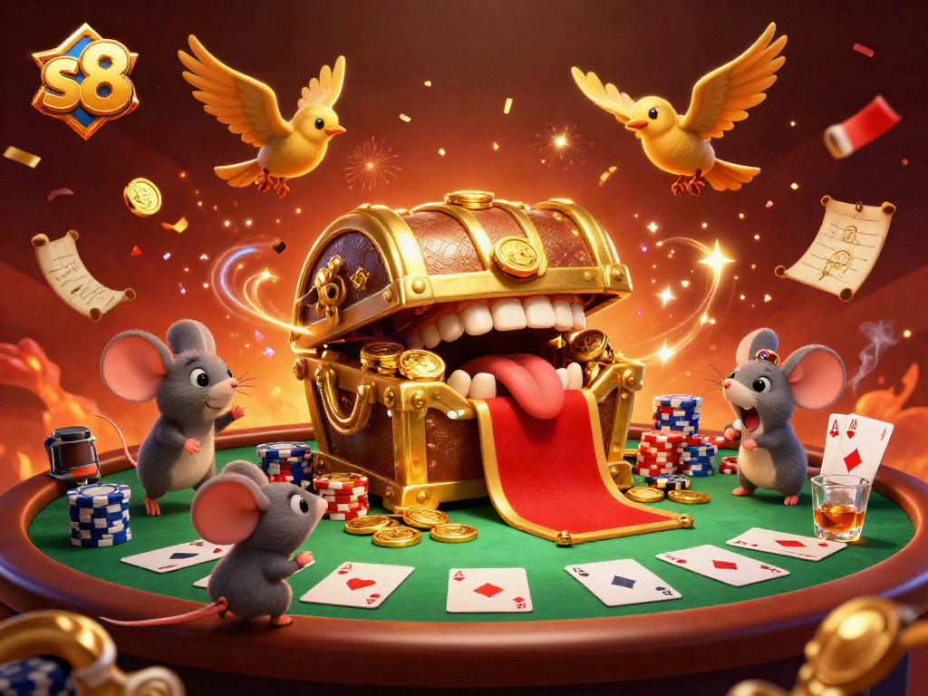 View stunning 3D digital illustration for s8 featuring a golden treasure chest and a vibrant casino scene.