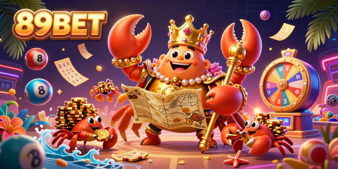 Engage with the thrilling casino world of 89BET, where colorful lottery elements and golden treasures abound.