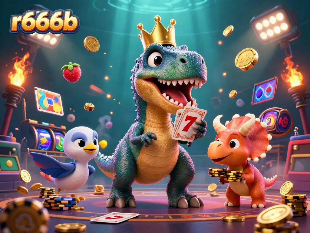 Join the action on r666b as a friendly T-Rex plays cards with a pterodactyl in this vibrant casino scene.