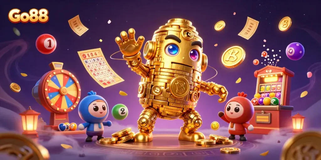 Experience the excitement of Go88 with a vibrant 3D casino scene full of games and golden treasures.