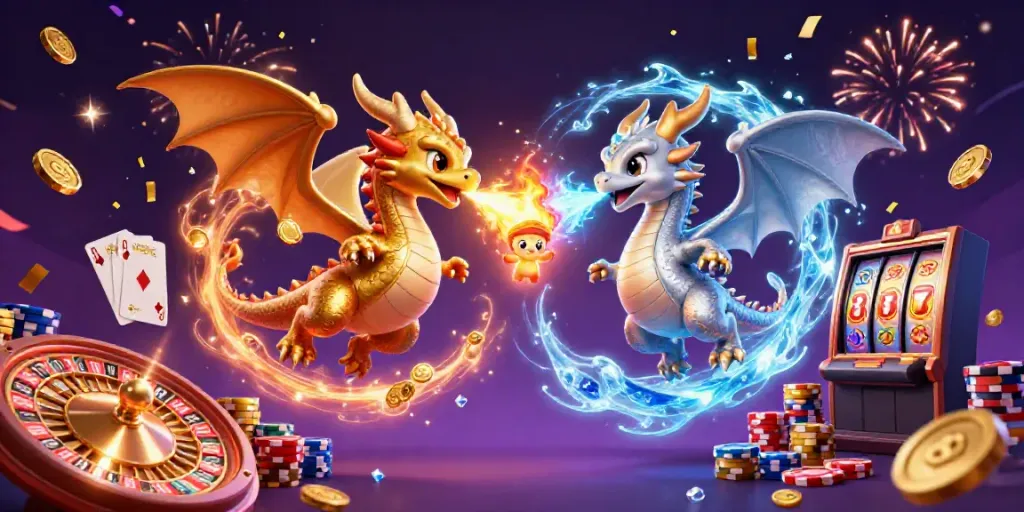 SUNWIN reveals a captivating scene of gold and silver dragons amidst dazzling casino elements and magical energies.