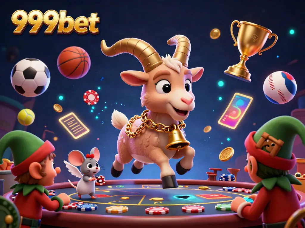Engage with the exciting 999bet casino scene featuring Krampus goat, angel mouse, and naughty elf gremlins in vibrant action.
