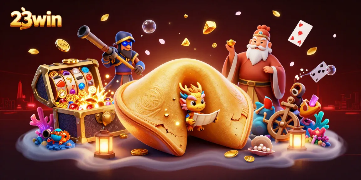 Engage with 23win's vibrant casino scene featuring gold fortune cookie, wise dragon, and slot machines.