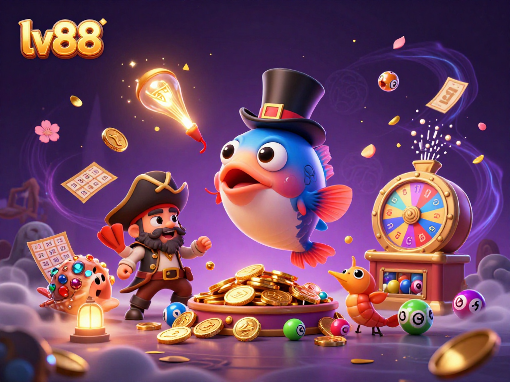 Catch exciting winnings at lv88 with vibrant lottery elements and animated casino characters.