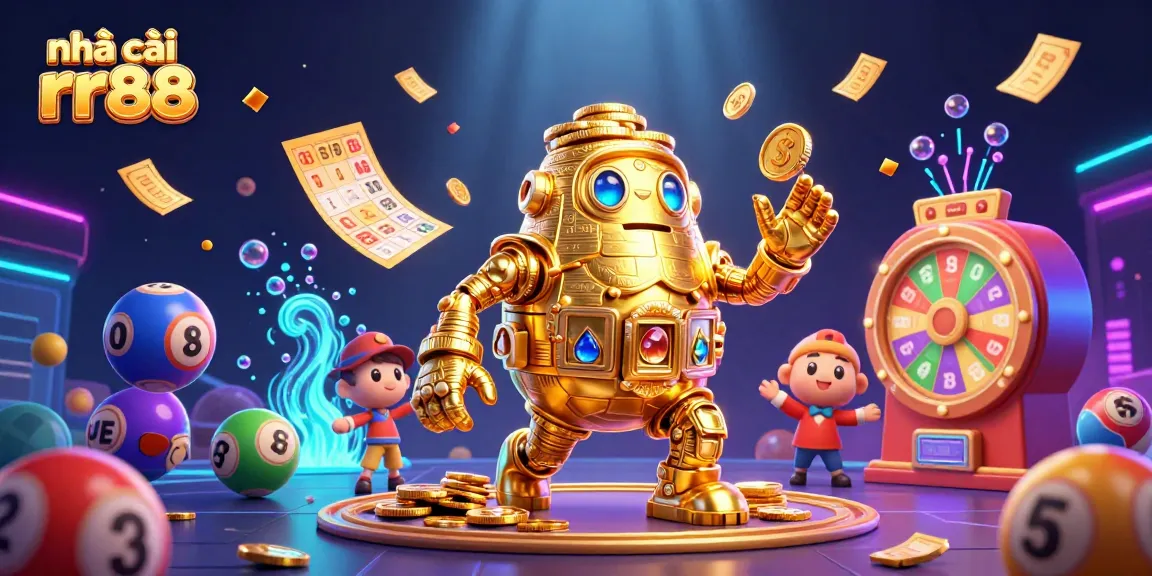 Engage with the vibrant gaming world of nhà cái rr88, showcasing a gold coin golem with dynamic lottery elements.