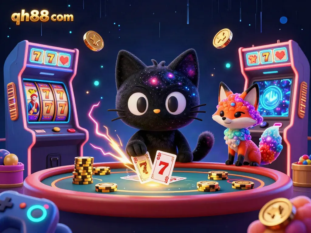Engage in exciting gameplay at qh88 com, featuring a black hole cat and colorful cosmic elements in an animated casino.